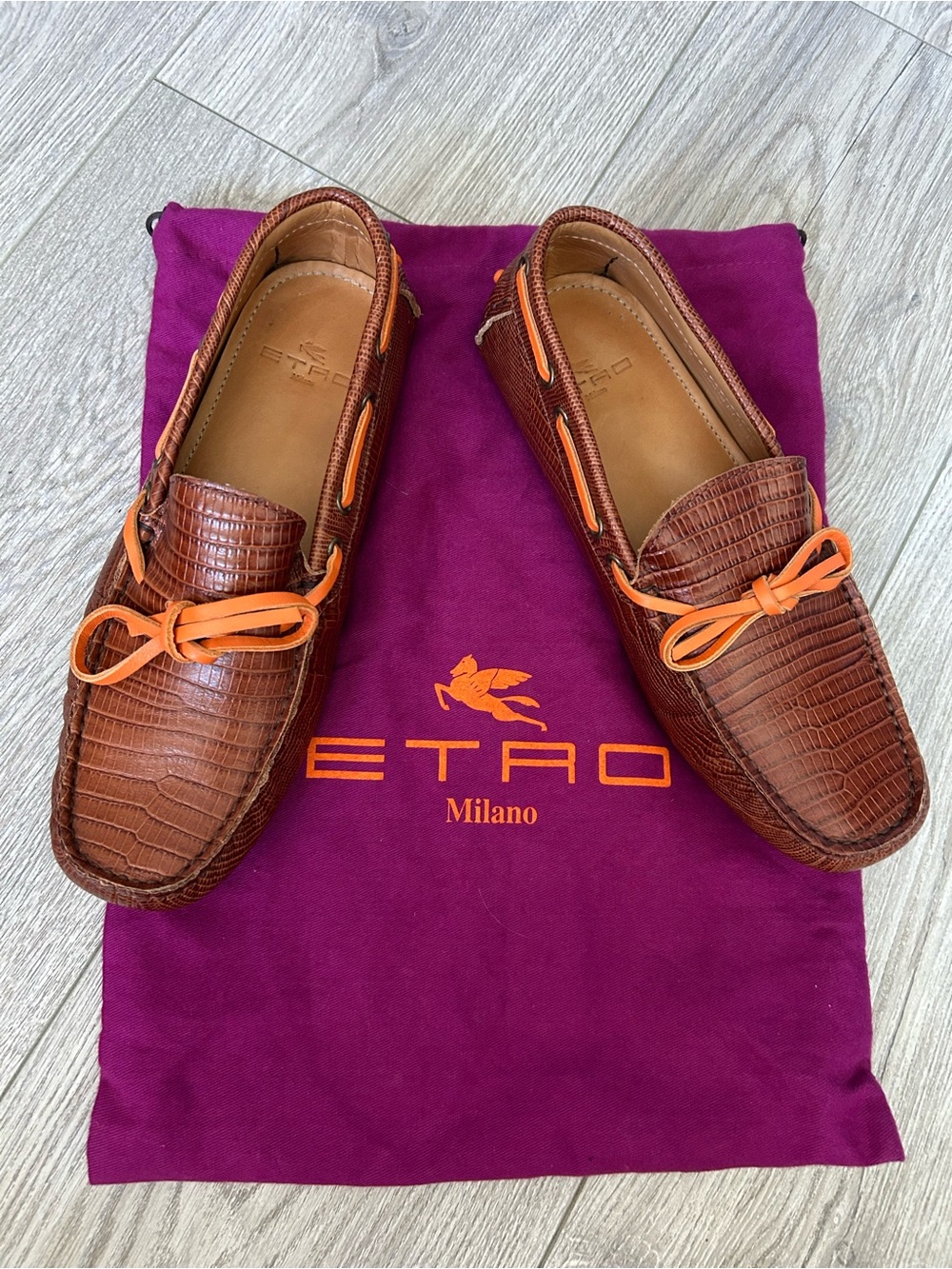 Men's Brown Leather Driving Loafers by Etro with Orange Laces